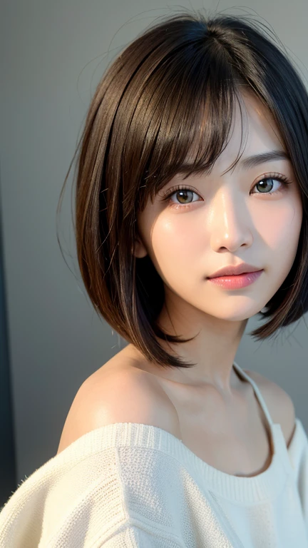 (((Close-up of face)))、(((Absolutely shoulder-length brown straight short bob)))、(((She is posing like a hair salon model, with a black wall indoors as the background.)))、(((Casual black winter long sleeves with shoulders covered)))、Half Japanese, half Korean、18 year old girl、Standing Alone、Looking forward、Light eye makeup、Brown Hair Color、Flat and 、Hair blowing in the wind、Actress Quality、Glossy, ultra-realistic face、Smiling face、Watery eyes、Gazing Up、Subtle lighting effects、 Ultra-Realistic Capture、Very detailed、High resolution 16K close up of human skin。Skin texture must be natural、The details must be such that pores can be clearly seen、The skin is healthy、Uniform tone、Use natural light and colors、A worn-out, high-quality photo taken by a model agency's in-house photographer.、smile、(((SIGMA 300 mm F/1.4,1/1000 sec shutter,ISO 400)))