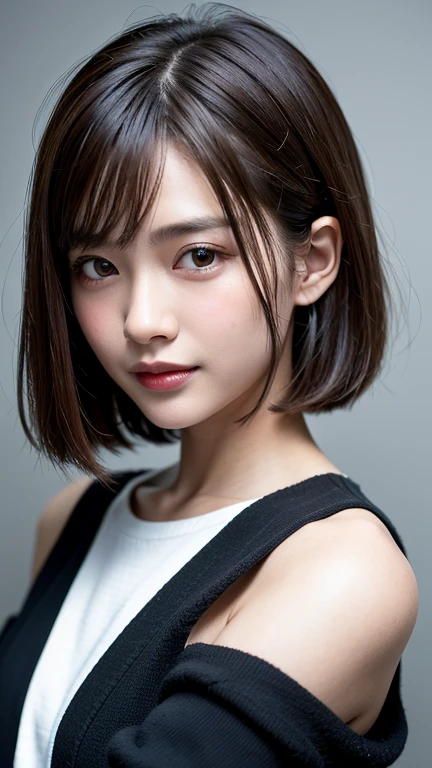 (((Close-up of face)))、(((Absolutely shoulder-length brown straight short bob)))、(((She is posing like a hair salon model, with a black wall indoors as the background.)))、(((Casual black winter long sleeves with shoulders covered)))、Half Japanese, half Korean、18 year old girl、Standing Alone、Looking forward、Light eye makeup、Brown Hair Color、Flat and 、Hair blowing in the wind、Actress Quality、Glossy, ultra-realistic face、Smiling face、Watery eyes、Gazing Up、Subtle lighting effects、 Ultra-Realistic Capture、Very detailed、High resolution 16K close up of human skin。Skin texture must be natural、The details must be such that pores can be clearly seen、The skin is healthy、Uniform tone、Use natural light and colors、A worn-out, high-quality photo taken by a model agency's in-house photographer.、smile、(((SIGMA 300 mm F/1.4,1/1000 sec shutter,ISO 400)))