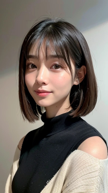 (((Close-up of face)))、(((Absolutely shoulder-length brown straight short bob)))、(((She is posing like a hair salon model, with a black wall indoors as the background.)))、(((Casual black winter long sleeves with shoulders covered)))、Half Japanese, half Korean、18 year old girl、Standing Alone、Looking forward、Light eye makeup、Brown Hair Color、Flat and 、Hair blowing in the wind、Actress Quality、Glossy, ultra-realistic face、Smiling face、Watery eyes、Gazing Up、Subtle lighting effects、 Ultra-Realistic Capture、Very detailed、High resolution 16K close up of human skin。Skin texture must be natural、The details must be such that pores can be clearly seen、The skin is healthy、Uniform tone、Use natural light and colors、A worn-out, high-quality photo taken by a model agency's in-house photographer.、smile、(((SIGMA 300 mm F/1.4,1/1000 sec shutter,ISO 400)))