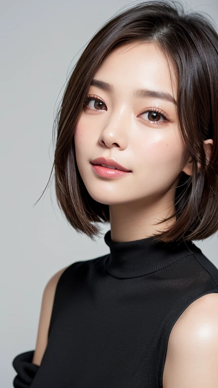(((Close-up of face)))、(((Absolutely shoulder-length brown straight short bob)))、(((She is posing like a hair salon model, with a black wall indoors as the background.)))、(((Casual black winter long sleeves with shoulders covered)))、Half Japanese, half Korean、18 year old girl、Standing Alone、Looking forward、Light eye makeup、Brown Hair Color、Flat and 、Hair blowing in the wind、Actress Quality、Glossy, ultra-realistic face、Smiling face、Watery eyes、Gazing Up、Subtle lighting effects、 Ultra-Realistic Capture、Very detailed、High resolution 16K close up of human skin。Skin texture must be natural、The details must be such that pores can be clearly seen、The skin is healthy、Uniform tone、Use natural light and colors、A worn-out, high-quality photo taken by a model agency's in-house photographer.、smile、(((SIGMA 300 mm F/1.4,1/1000 sec shutter,ISO 400)))