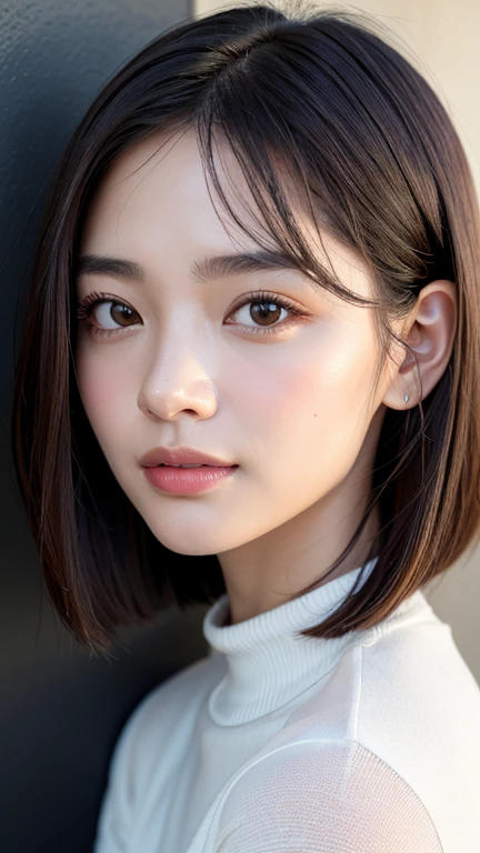 (((Close-up of face)))、(((Absolutely shoulder-length brown straight short bob)))、(((She is posing like a hair salon model, with a black wall indoors as the background.)))、(((Casual black winter long sleeves with shoulders covered)))、Half Japanese, half Korean、18 year old girl、Standing Alone、Looking forward、Light eye makeup、Brown Hair Color、Flat and 、Hair blowing in the wind、Actress Quality、Glossy, ultra-realistic face、Smiling face、Watery eyes、Gazing Up、Subtle lighting effects、 Ultra-Realistic Capture、Very detailed、High resolution 16K close up of human skin。Skin texture must be natural、The details must be such that pores can be clearly seen、The skin is healthy、Uniform tone、Use natural light and colors、A worn-out, high-quality photo taken by a model agency's in-house photographer.、smile、(((SIGMA 300 mm F/1.4,1/1000 sec shutter,ISO 400)))