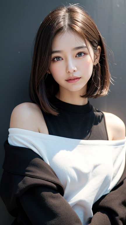 (((Close-up of face)))、(((Absolutely shoulder-length brown straight short bob)))、(((She is posing like a hair salon model, with a black wall indoors as the background.)))、(((Casual black winter long sleeves with shoulders covered)))、Half Japanese, half Korean、18 year old girl、Standing Alone、Looking forward、Light eye makeup、Brown Hair Color、Flat and 、Hair blowing in the wind、Actress Quality、Glossy, ultra-realistic face、Smiling face、Watery eyes、Gazing Up、Subtle lighting effects、 Ultra-Realistic Capture、Very detailed、High resolution 16K close up of human skin。Skin texture must be natural、The details must be such that pores can be clearly seen、The skin is healthy、Uniform tone、Use natural light and colors、A worn-out, high-quality photo taken by a model agency's in-house photographer.、smile、(((SIGMA 300 mm F/1.4,1/1000 sec shutter,ISO 400)))