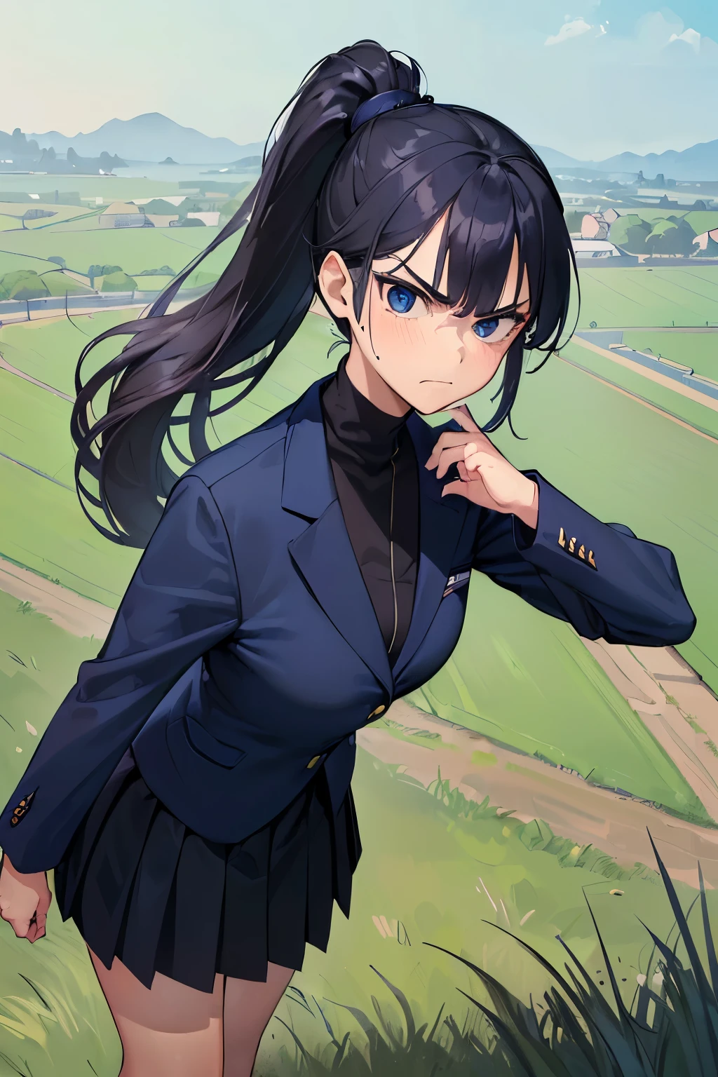 ((best quality)), ((masterpiece)), ((detailed)), (((perfect face))), (((18yo girl in navy blue suit, dark blue skirt))), (((black hair))), (((high ponytail))), (((big, wide eyes))), (((looking at viewer))), (((frowning))), (((grass field))), (((standing)))