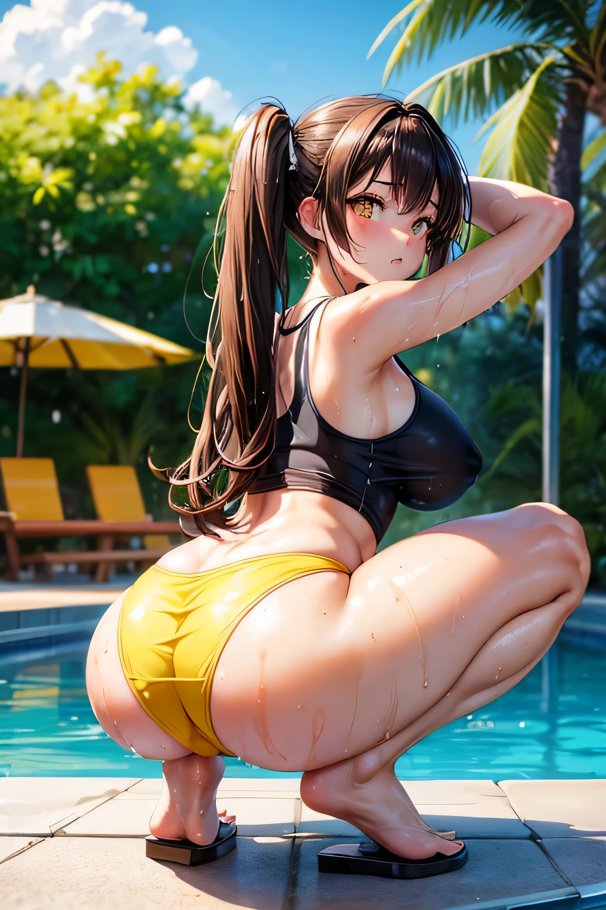 High resolution, high quality, One girl, Anime Girls, dark brown hair,long hair,twintails,dark brown eyes,heart shaped pupils, Large Breasts,beautiful breasts,long nipples, (Big Ass),beautiful ass,sweat,wet,Embarrassed,Tank Top,swimsuit,lower body,sweat,wet,squatting,(open legs),arms behind head,at Poolside,(Kiwi juice),(lemon juice),(orange juice),(Pineapple juice),(Mango juice),(water),