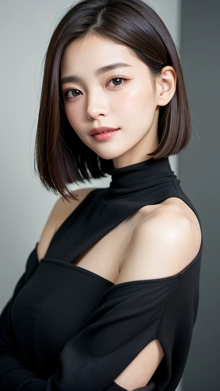 (((Close-up of face)))、(((Absolutely shoulder-length brown straight short bob)))、(((She is posing like a hair salon model, with a black wall indoors as the background.)))、(((Casual black winter long sleeves with shoulders covered)))、Half Japanese, half Korean、18 year old girl、Standing Alone、Looking forward、Light eye makeup、Brown Hair Color、Flat and 、Hair blowing in the wind、Actress Quality、Glossy, ultra-realistic face、Smiling face、Watery eyes、Gazing Up、Subtle lighting effects、 Ultra-Realistic Capture、Very detailed、High resolution 16K close up of human skin。Skin texture must be natural、The details must be such that pores can be clearly seen、The skin is healthy、Uniform tone、Use natural light and colors、A worn-out, high-quality photo taken by a model agency&#39;s in-house photographer.、smile、(((SIGMA 300 mm F/1.4,1/1000 sec shutter,ISO 400))) 