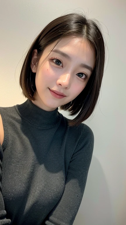 (((Close-up of face)))、(((Absolutely shoulder-length brown straight short bob)))、(((She is posing like a hair salon model, with a black wall indoors as the background.)))、(((Casual black winter long sleeves with shoulders covered)))、Half Japanese, half Korean、18 year old girl、Standing Alone、Looking forward、Light eye makeup、Brown Hair Color、Flat and 、Hair blowing in the wind、Actress Quality、Glossy, ultra-realistic face、Smiling face、Watery eyes、Gazing Up、Subtle lighting effects、 Ultra-Realistic Capture、Very detailed、High resolution 16K close up of human skin。Skin texture must be natural、The details must be such that pores can be clearly seen、The skin is healthy、Uniform tone、Use natural light and colors、A worn-out, high-quality photo taken by a model agency's in-house photographer.、smile、(((SIGMA 300 mm F/1.4,1/1000 sec shutter,ISO 400)))