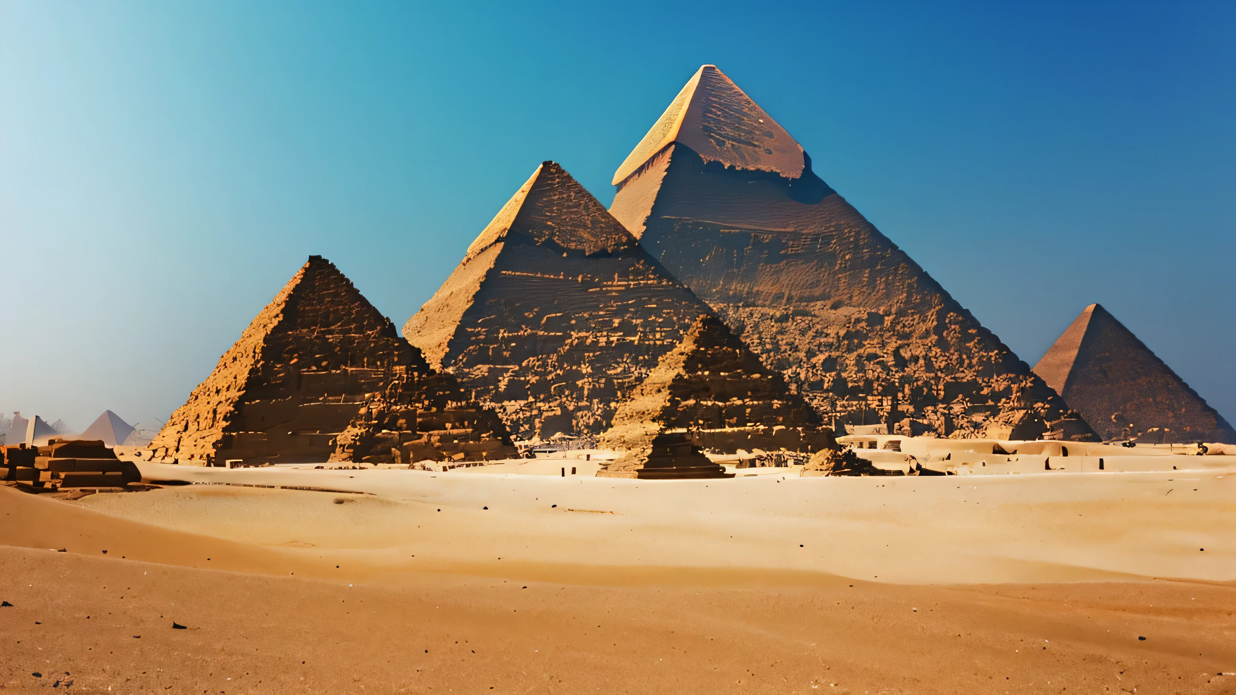 the 3Giza pyramids in Egypt , daylight , front view, cinematic , wide image