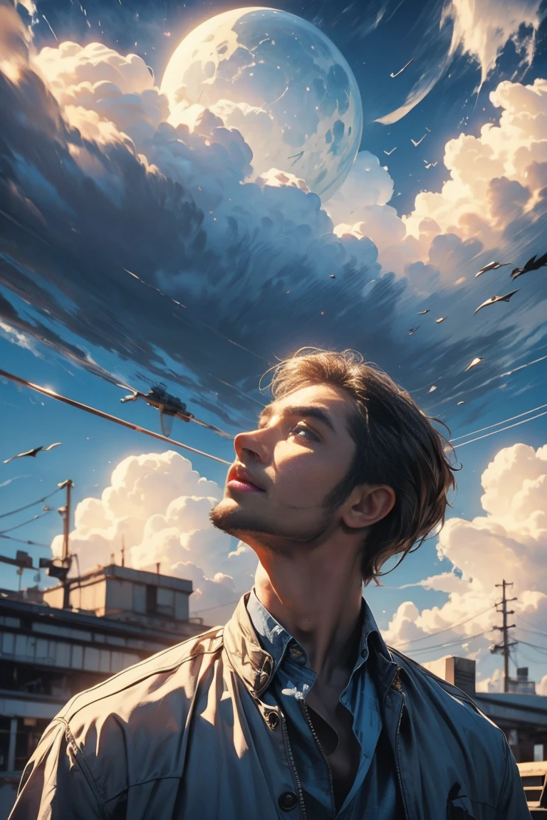  a handsome man, stunning beautiful face, perfect face, looking up at the cloudy sky. . modern clothing. 