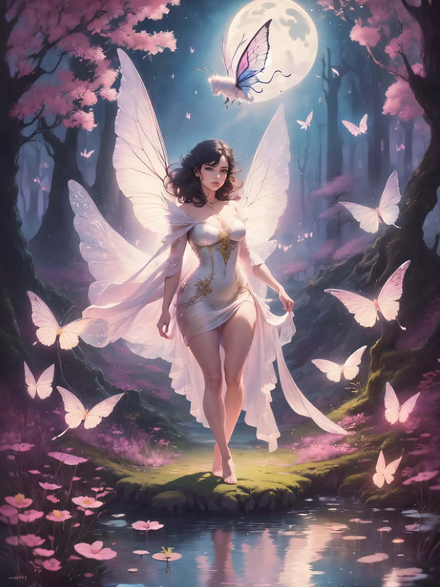 ((best quality)), ((masterpiece)), (detailed), ethereal beauty, perched on a pink blossom tree, (fantasy illustration:1.3), enchanting gaze, captivating pose, solo girl, delicate butterfly wings, otherworldly charm, mystical sky, (Luis Royo:1.2), (Yoshitaka Amano:1.1), moonlit night, soft colors, (detailed cloudscape:1.3), (high-resolution:1.2) (dragon flying in the sky) long white dress, legs dangling above pond, long victorian dress,