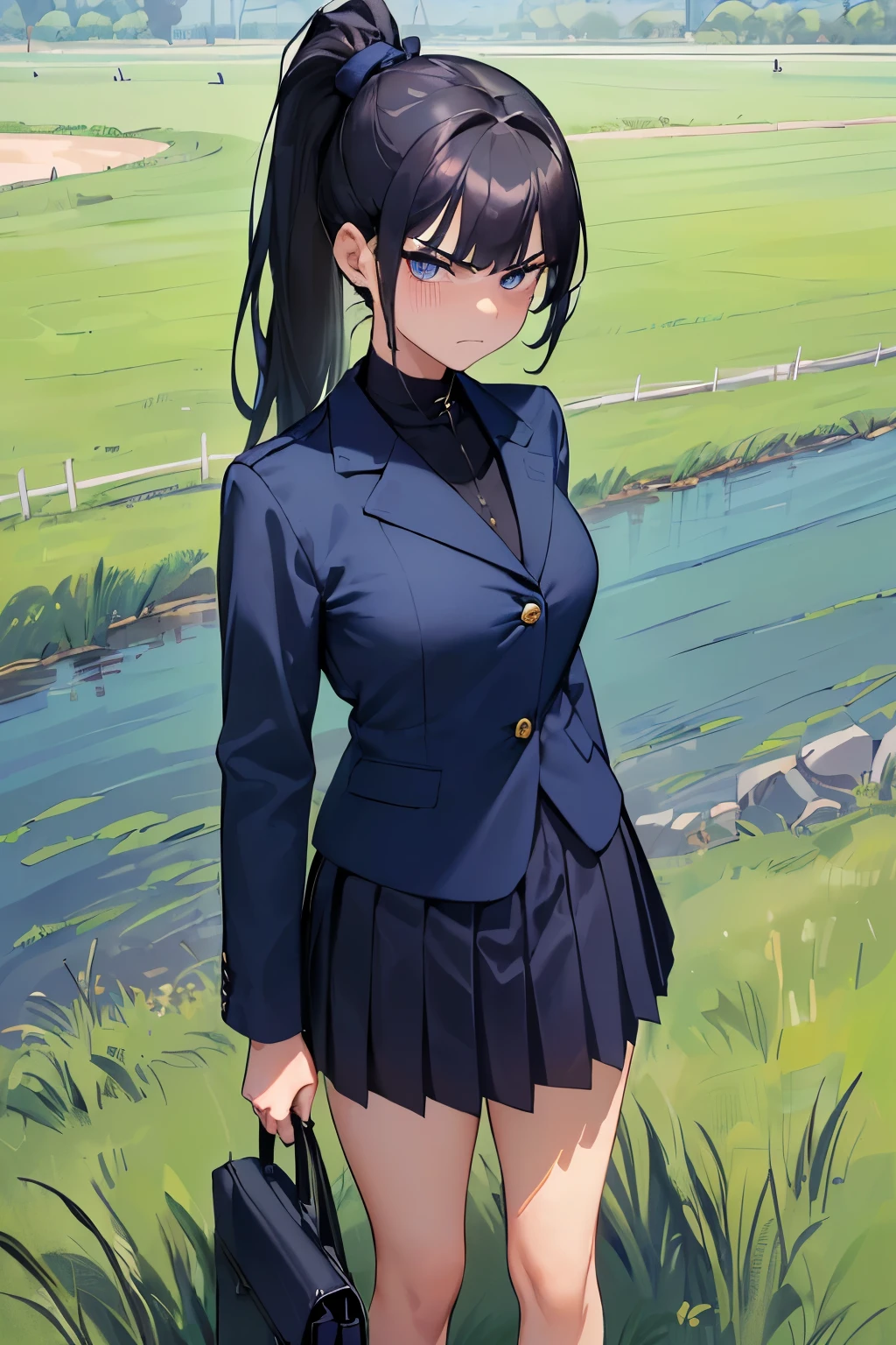 ((best quality)), ((masterpiece)), ((detailed)), (((perfect face))), (((18yo  girl in navy blue suit, dark blue skirt))), (((black hair))), (((high ponytail))), (((big, wide eyes))), (((looking at viewer))), (((frowning))), (((grass field))), (((standing)))