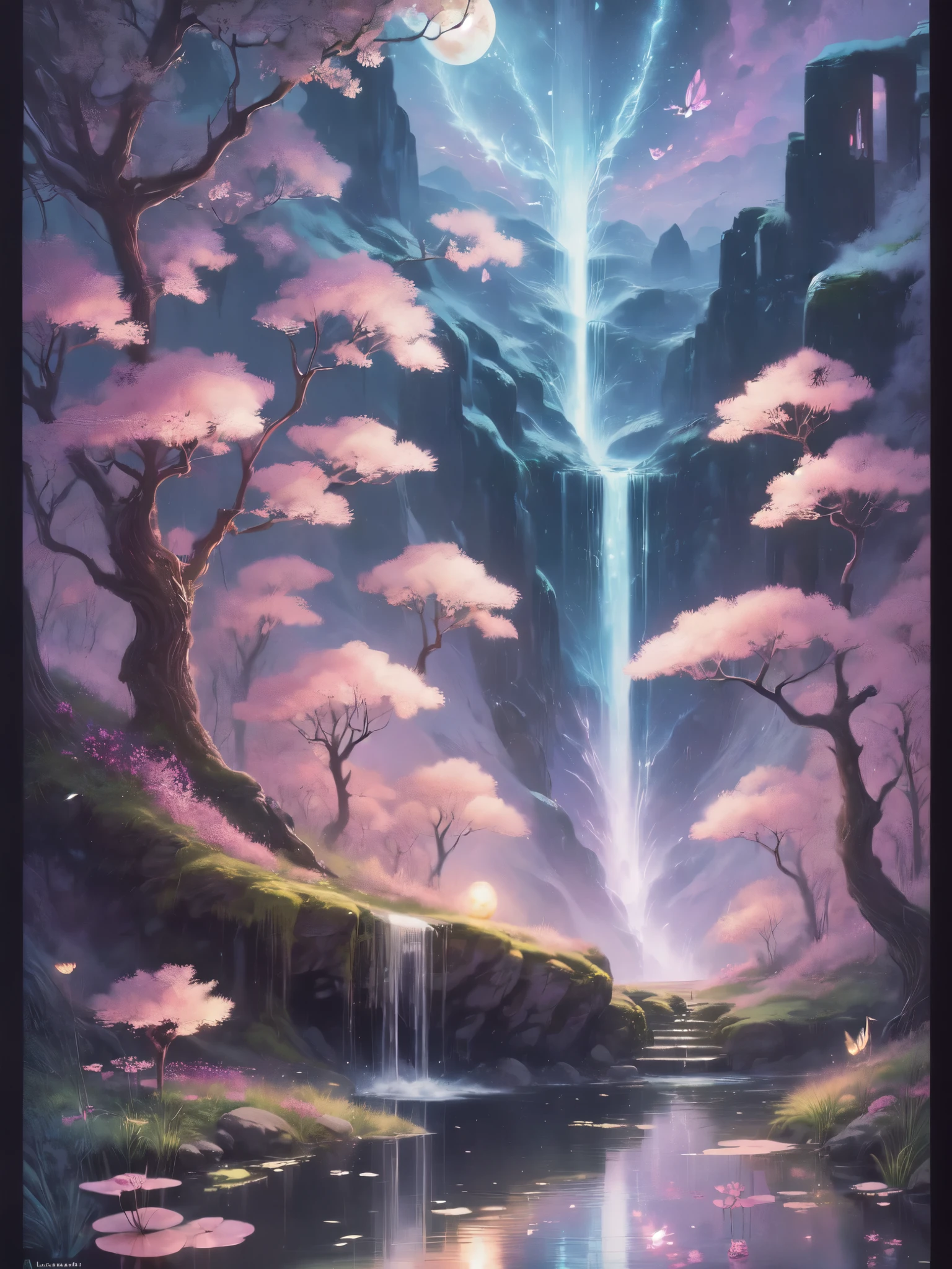((best quality)), ((masterpiece)), (detailed), ethereal beauty, perched on a pink blossom tree, (fantasy illustration:1.3), enchanting gaze, captivating pose, solo girl, delicate butterfly wings, otherworldly charm, mystical sky, (Luis Royo:1.2), (Yoshitaka Amano:1.1), moonlit night, soft colors, (detailed cloudscape:1.3), (high-resolution:1.2) (dragon flying in the sky) long white dress, legs dangling above pond, long victorian dress,