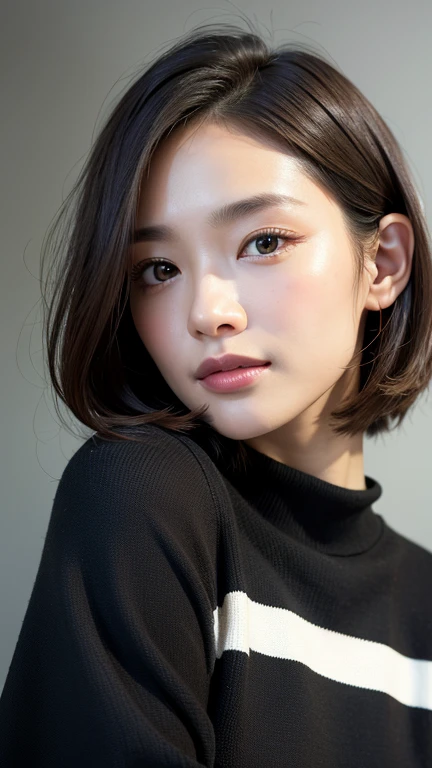 (((Close-up of face)))、(((Absolutely shoulder-length brown straight short bob)))、(((She is posing like a hair salon model, with a black wall indoors as the background.)))、(((Casual black winter long sleeves with shoulders covered)))、Half Japanese, half Korean、18 year old girl、Standing Alone、Looking forward、Light eye makeup、Brown Hair Color、Flat and 、Hair blowing in the wind、Actress Quality、Glossy, ultra-realistic face、Smiling face、Watery eyes、Gazing Up、Subtle lighting effects、 Ultra-Realistic Capture、Very detailed、High resolution 16K close up of human skin。Skin texture must be natural、The details must be such that pores can be clearly seen、The skin is healthy、Uniform tone、Use natural light and colors、A worn-out, high-quality photo taken by a model agency's in-house photographer.、smile、(((SIGMA 300 mm F/1.4,1/1000 sec shutter,ISO 400)))