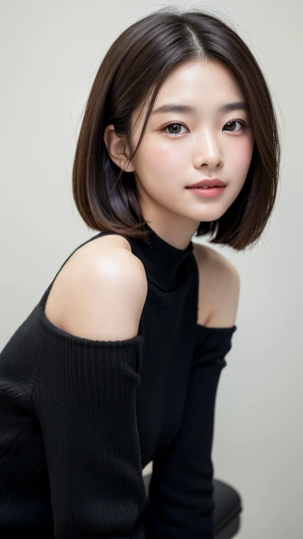 (((Close-up of face)))、(((Absolutely shoulder-length brown straight short bob)))、(((She is posing like a hair salon model, with a black wall indoors as the background.)))、(((Casual black winter long sleeves with shoulders covered)))、Half Japanese, half Korean、18 year old girl、Standing Alone、Looking forward、Light eye makeup、Brown Hair Color、Flat and 、Hair blowing in the wind、Actress Quality、Glossy, ultra-realistic face、Smiling face、Watery eyes、Gazing Up、Subtle lighting effects、 Ultra-Realistic Capture、Very detailed、High resolution 16K close up of human skin。Skin texture must be natural、The details must be such that pores can be clearly seen、The skin is healthy、Uniform tone、Use natural light and colors、A worn-out, high-quality photo taken by a model agency's in-house photographer.、smile、(((SIGMA 300 mm F/1.4,1/1000 sec shutter,ISO 400)))