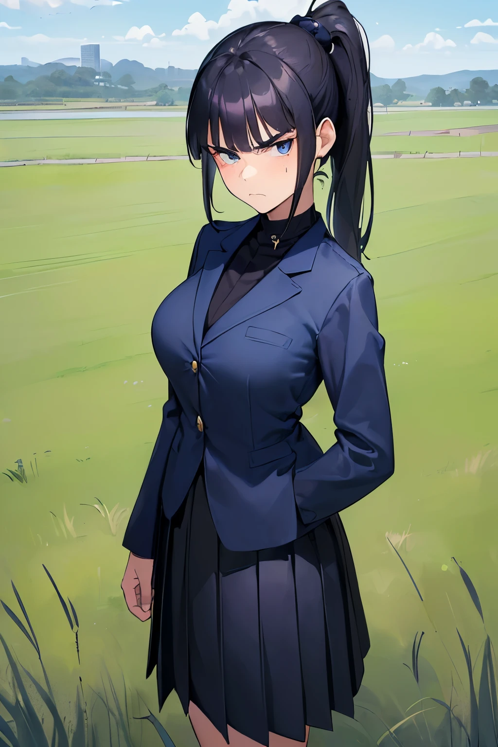((best quality)), ((masterpiece)), ((detailed)), (((perfect face))), (((18yo girl in navy blue suit, dark blue skirt))), (((black hair))), (((high ponytail))), (((big, wide eyes))), (((looking at viewer))), (((frowning))), (((grass field))), (((standing)))