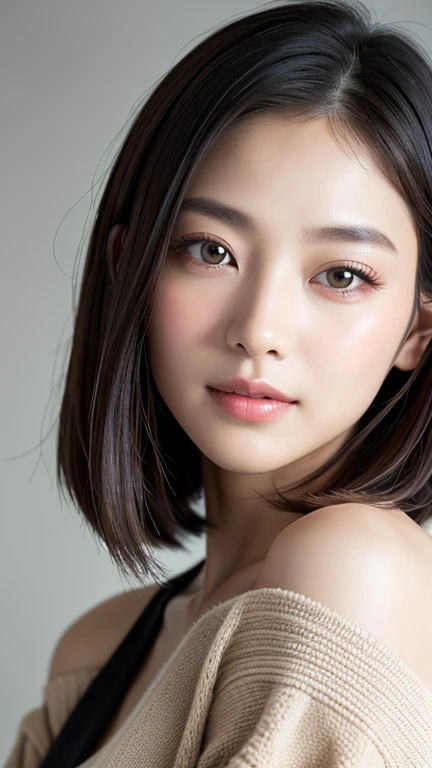 (((Close-up of face)))、(((Absolutely shoulder-length brown straight short bob)))、(((She is posing like a hair salon model, with a black wall indoors as the background.)))、(((Casual black winter long sleeves with shoulders covered)))、Half Japanese, half Korean、18 year old girl、Standing Alone、Looking forward、Light eye makeup、Brown Hair Color、Flat and 、Hair blowing in the wind、Actress Quality、Glossy, ultra-realistic face、Smiling face、Watery eyes、Gazing Up、Subtle lighting effects、 Ultra-Realistic Capture、Very detailed、High resolution 16K close up of human skin。Skin texture must be natural、The details must be such that pores can be clearly seen、The skin is healthy、Uniform tone、Use natural light and colors、A worn-out, high-quality photo taken by a model agency's in-house photographer.、smile、(((SIGMA 300 mm F/1.4,1/1000 sec shutter,ISO 400)))