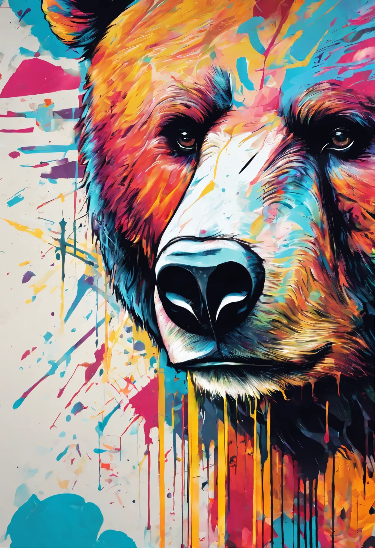 close up of bear face half merged with background. vivid bright colours, abstract lines