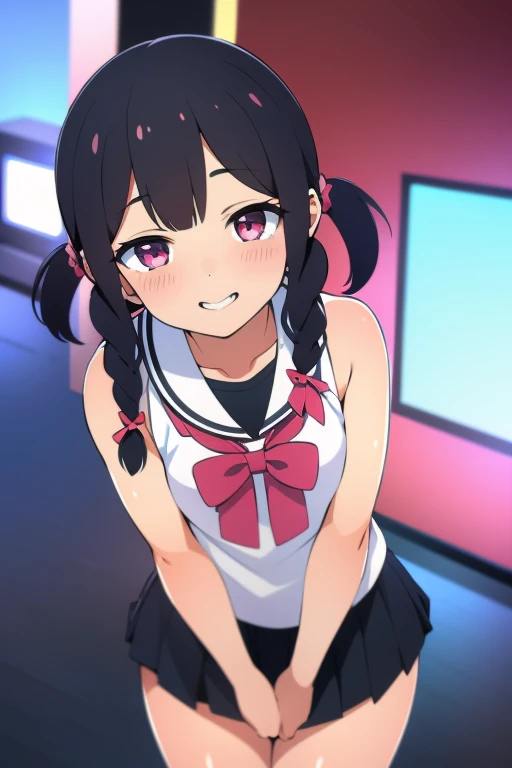 masterpiece, Highest quality, Nico_Yazawa,High resolution, 1 Girl, alone, Brown Hair, short hair, Twin tails、Purple eyes, , , (Cleavage)、(Beautiful thighs), Carrying a red backpack, (randoseru backpack:1.2) Sweaty、Thick thighs、Highest quality、4K、1girl, 8years old, loli, cute, grin, 、School Swimsuit、on the train、、、Thick thighs、Teasing Smile、Men holding their penises and surrounding girls、Semen from the penis、Bukkake、Bukkake、（Bukkake）projectile cum、Blowjob、Lots of spectators
