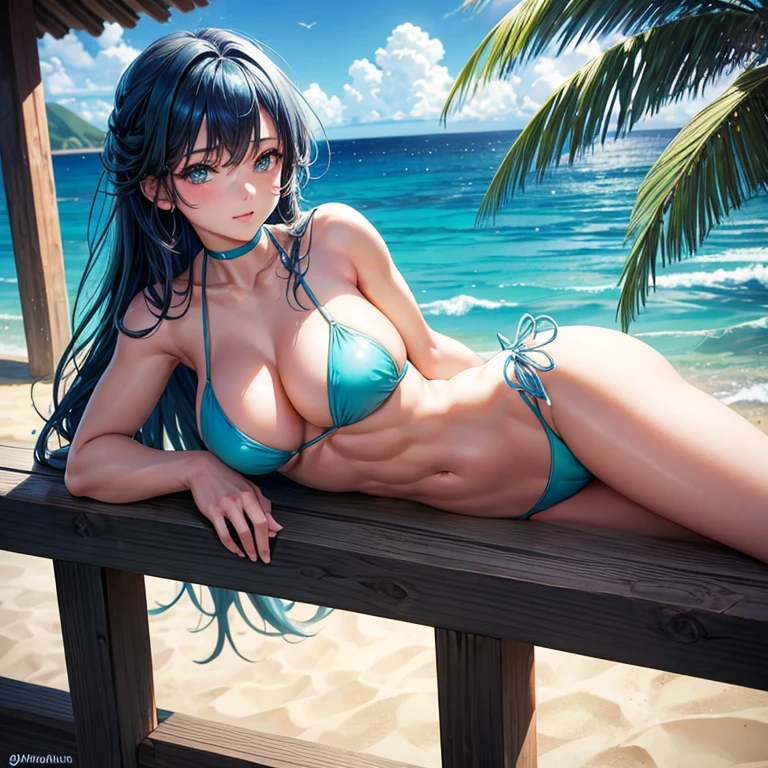 young girl in a blue-aqua gradient microbikini standing on a railing, with beautiful exotic, seductive pose on a beach with the ocean, jaw-dropping beauty, at a tropical beach, is wearing a swimsuit, muscular, hourglass body, large breasts, abs, long dark hair, laying down on carpet near palm