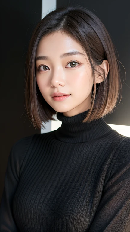 (((Close-up of face)))、(((Absolutely shoulder-length brown straight short bob)))、(((She is posing like a hair salon model, with a black wall indoors as the background.)))、(((Casual black winter long sleeves with shoulders covered)))、Half Japanese, half Korean、18 year old girl、Standing Alone、Looking forward、Light eye makeup、Brown Hair Color、Flat and 、Hair blowing in the wind、Actress Quality、Glossy, ultra-realistic face、Smiling face、Watery eyes、Gazing Up、Subtle lighting effects、 Ultra-Realistic Capture、Very detailed、High resolution 16K close up of human skin。Skin texture must be natural、The details must be such that pores can be clearly seen、The skin is healthy、Uniform tone、Use natural light and colors、A worn-out, high-quality photo taken by a model agency&#39;s in-house photographer.、smile、(((SIGMA 300 mm F/1.4,1/1000 sec shutter,ISO 400))) 