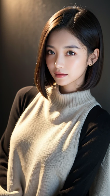 (((Close-up of face)))、(((Absolutely shoulder-length brown straight short bob)))、(((She is posing like a hair salon model, with a black wall indoors as the background.)))、(((Casual black winter long sleeves with shoulders covered)))、Half Japanese, half Korean、18 year old girl、Standing Alone、Looking forward、Light eye makeup、Brown Hair Color、Flat and 、Hair blowing in the wind、Actress Quality、Glossy, ultra-realistic face、Smiling face、Watery eyes、Gazing Up、Subtle lighting effects、 Ultra-Realistic Capture、Very detailed、High resolution 16K close up of human skin。Skin texture must be natural、The details must be such that pores can be clearly seen、The skin is healthy、Uniform tone、Use natural light and colors、A worn-out, high-quality photo taken by a model agency's in-house photographer.、smile、(((SIGMA 300 mm F/1.4,1/1000 sec shutter,ISO 400)))