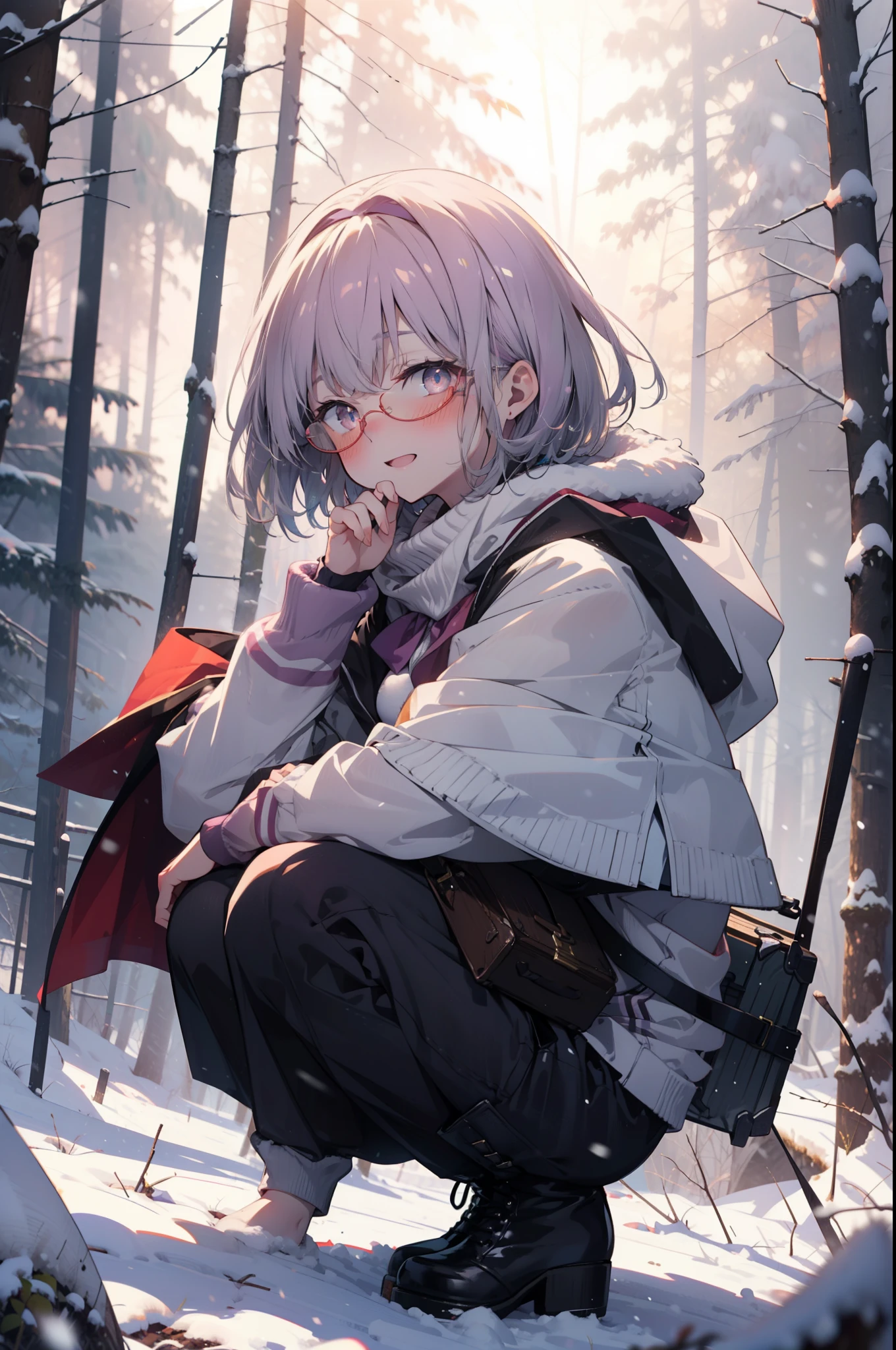 akaneshinjou, shinjou akane, Light purple hair, (Pink Eyes:1.2), short hair,Akagi glasses,hair band,smile,blush,White Breath,Big Breasts,
Open your mouth,snow,Ground bonfire, Outdoor, boots, snowing, From the side, wood, suitcase, Cape, Blurred, having meal, forest, White handbag, nature,  Squat, Mouth closed, Cape, winter, Written boundary depth, Black shoes, red Cape break looking at viewer, Upper Body, whole body, break Outdoor, forest, nature, break (masterpiece:1.2), highest quality, High resolution, unity 8k wallpaper, (shape:0.8), (Beautiful and beautiful eyes:1.6), Highly detailed face, Perfect lighting, Highly detailed CG, (Perfect hands, Perfect Anatomy),