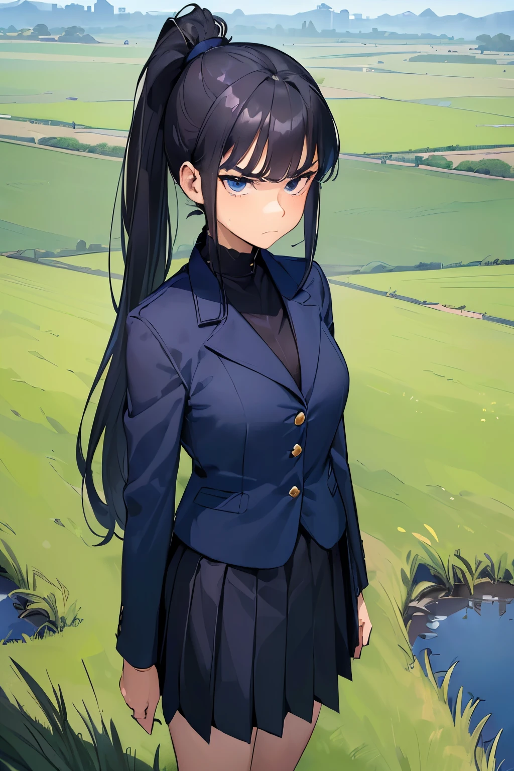 ((best quality)), ((masterpiece)), ((detailed)), (((perfect face))), (((18yo teen girl in navy blue suit, dark blue skirt))), (((black hair))), (((high ponytail))), (((big, wide eyes))), (((looking at viewer))), (((frowning))), (((grass field))), (((standing)))