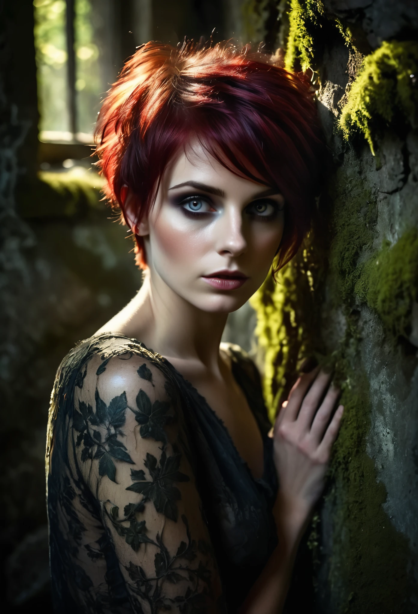 (Realisttic:1.2), analog photo style, (cute woman with short black-red multicolored hair and red eyes in mystical fascinating scene), (lost in the dark), (her body is a visual pleasure), extremely sexy, (looks sad, anxiety and uncertainty are barely noticeable in the gaze), detailed face with naturally skin texture, gloomy dark atmosphere, old and mossy walls of abbandoned place showing passage of time, play of shadows and light in the sun rays, a delicate balance between beauty and darkness, faded colours, great quality, Masterpiece, intricate fantasy background, naturally cinematic light, 16k quality, HDR, RAW photo, lomography colors, vintage warm, dark vignette