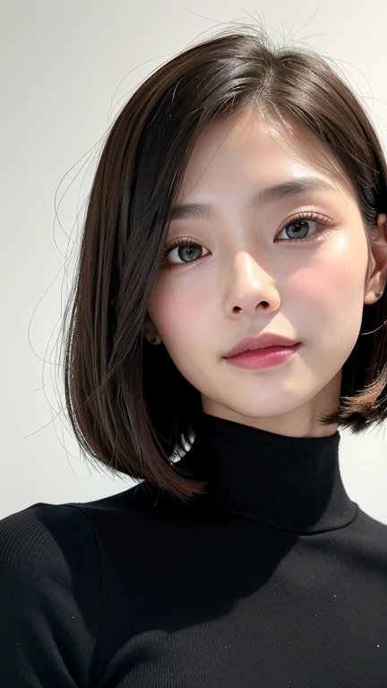 (((Close-up of face)))、(((Absolutely shoulder-length brown straight short bob)))、(((She is posing like a hair salon model, with a black wall indoors as the background.)))、(((Casual black winter long sleeves with shoulders covered)))、Half Japanese, half Korean、18 year old girl、Standing Alone、Looking forward、Light eye makeup、Brown Hair Color、Flat and 、Hair blowing in the wind、Actress Quality、Glossy, ultra-realistic face、Smiling face、Watery eyes、Gazing Up、Subtle lighting effects、 Ultra-Realistic Capture、Very detailed、High resolution 16K close up of human skin。Skin texture must be natural、The details must be such that pores can be clearly seen、The skin is healthy、Uniform tone、Use natural light and colors、A worn-out, high-quality photo taken by a model agency&#39;s in-house photographer.、smile、(((SIGMA 300 mm F/1.4,1/1000 sec shutter,ISO 400))) 