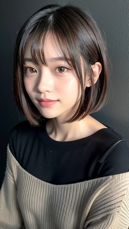 (((Close-up of face)))、(((Absolutely shoulder-length brown straight short bob)))、(((She is posing like a hair salon model, with a black wall indoors as the background.)))、(((Casual black winter long sleeves with shoulders covered)))、Half Japanese, half Korean、18 year old girl、Standing Alone、Looking forward、Light eye makeup、Brown Hair Color、Flat and 、Hair blowing in the wind、Actress Quality、Glossy, ultra-realistic face、Smiling face、Watery eyes、Gazing Up、Subtle lighting effects、 Ultra-Realistic Capture、Very detailed、High resolution 16K close up of human skin。Skin texture must be natural、The details must be such that pores can be clearly seen、The skin is healthy、Uniform tone、Use natural light and colors、A worn-out, high-quality photo taken by a model agency's in-house photographer.、smile、(((SIGMA 300 mm F/1.4,1/1000 sec shutter,ISO 400)))