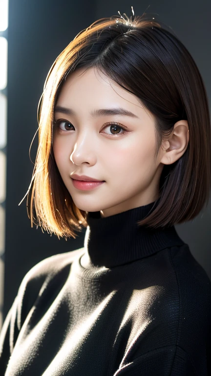 (((Close-up of face)))、(((Absolutely shoulder-length brown straight short bob)))、(((She is posing like a hair salon model, with a black wall indoors as the background.)))、(((Casual black winter long sleeves with shoulders covered)))、Half Japanese, half Korean、18 year old girl、Standing Alone、Looking forward、Light eye makeup、Brown Hair Color、Flat and 、Hair blowing in the wind、Actress Quality、Glossy, ultra-realistic face、Smiling face、Watery eyes、Gazing Up、Subtle lighting effects、 Ultra-Realistic Capture、Very detailed、High resolution 16K close up of human skin。Skin texture must be natural、The details must be such that pores can be clearly seen、The skin is healthy、Uniform tone、Use natural light and colors、A worn-out, high-quality photo taken by a model agency's in-house photographer.、smile、(((SIGMA 300 mm F/1.4,1/1000 sec shutter,ISO 400)))