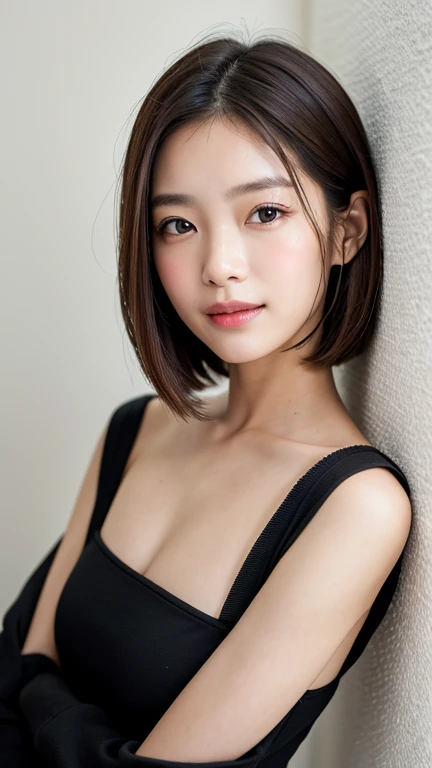 (((Close-up of face)))、(((Absolutely shoulder-length brown straight short bob)))、(((She is posing like a hair salon model, with a black wall indoors as the background.)))、(((Casual black winter long sleeves with shoulders covered)))、Half Japanese, half Korean、18 year old girl、Standing Alone、Looking forward、Light eye makeup、Brown Hair Color、Flat and 、Hair blowing in the wind、Actress Quality、Glossy, ultra-realistic face、Smiling face、Watery eyes、Gazing Up、Subtle lighting effects、 Ultra-Realistic Capture、Very detailed、High resolution 16K close up of human skin。Skin texture must be natural、The details must be such that pores can be clearly seen、The skin is healthy、Uniform tone、Use natural light and colors、A worn-out, high-quality photo taken by a model agency&#39;s in-house photographer.、smile、(((SIGMA 300 mm F/1.4,1/1000 sec shutter,ISO 400))) 