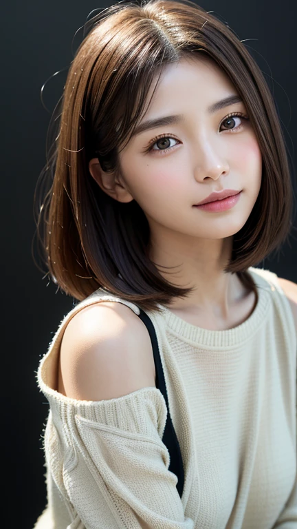 (((Close-up of face)))、(((Absolutely shoulder-length brown straight short bob)))、(((She is posing like a hair salon model, with a black wall indoors as the background.)))、(((Casual black winter long sleeves with shoulders covered)))、Half Japanese, half Korean、18 year old girl、Standing Alone、Looking forward、Light eye makeup、Brown Hair Color、Flat and 、Hair blowing in the wind、Actress Quality、Glossy, ultra-realistic face、Smiling face、Watery eyes、Gazing Up、Subtle lighting effects、 Ultra-Realistic Capture、Very detailed、High resolution 16K close up of human skin。Skin texture must be natural、The details must be such that pores can be clearly seen、The skin is healthy、Uniform tone、Use natural light and colors、A worn-out, high-quality photo taken by a model agency&#39;s in-house photographer.、smile、(((SIGMA 300 mm F/1.4,1/1000 sec shutter,ISO 400))) 