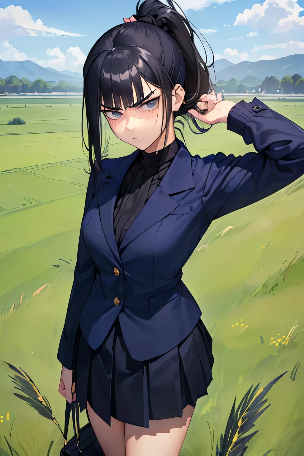 ((best quality)), ((masterpiece)), ((detailed)), (((perfect face))), (((18yo teen girl in navy blue suit, pleated skirt))), (((black hair))), (((high ponytail))), (((rolling eyes))), (((looking at viewer))), (((frowning))), (((grass field))), (((standing)))