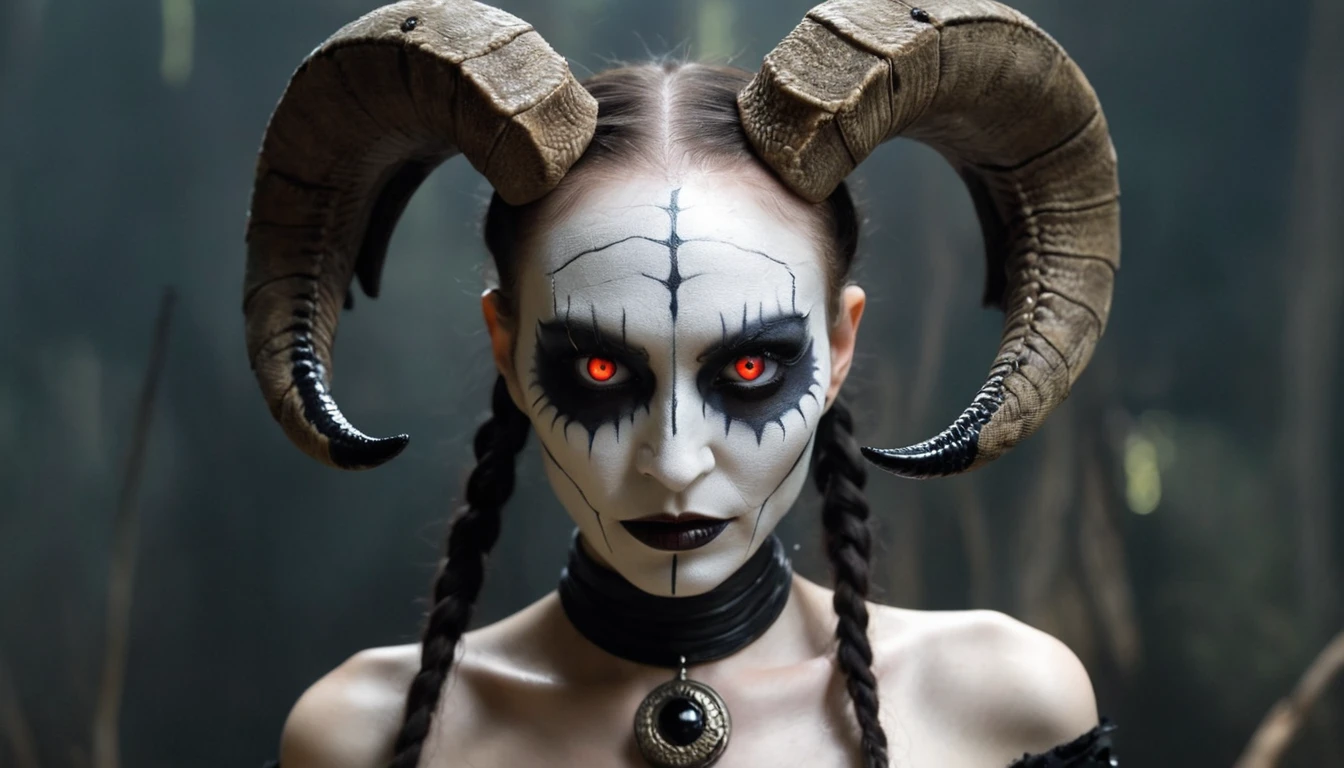 dark nightmare of a 21 years old Voodoo priestess young woman with voodoo makeup and ram horns and pale white skin and snakes in her hair, aswang, medium-sized humanoid, predatory appearance, shapeshifter, sharp, feral features, claws and fangs, glowing eyes, keen sense of smell, heightened senses, dark ominous presence, sinister malevolent expression, irritant,healthy,outlandish, bewildering, grim, decomposing, dynamic, malevolent, melancholy, flare, fast autofocus, f/22, shutter speed 1/125 sec, iso1600, white balance daylight, exposure compensation "+3.0 ev", shutter priority shooting mode, leading lines, focus mode continuous, spot metering, by milton caniff, cel shading,