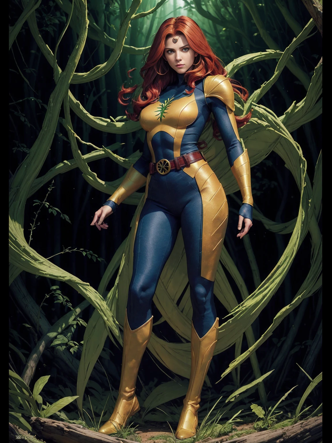 ((Full body photo,standing,)) (best quality,4K,High),x-men,realistic,Beautiful detailed green and gold woman posing for a photo, gray jean, full-length portrait, a shadowy phoenix, red hair and green eyes, forest background, hyper- detailed, golden belt


