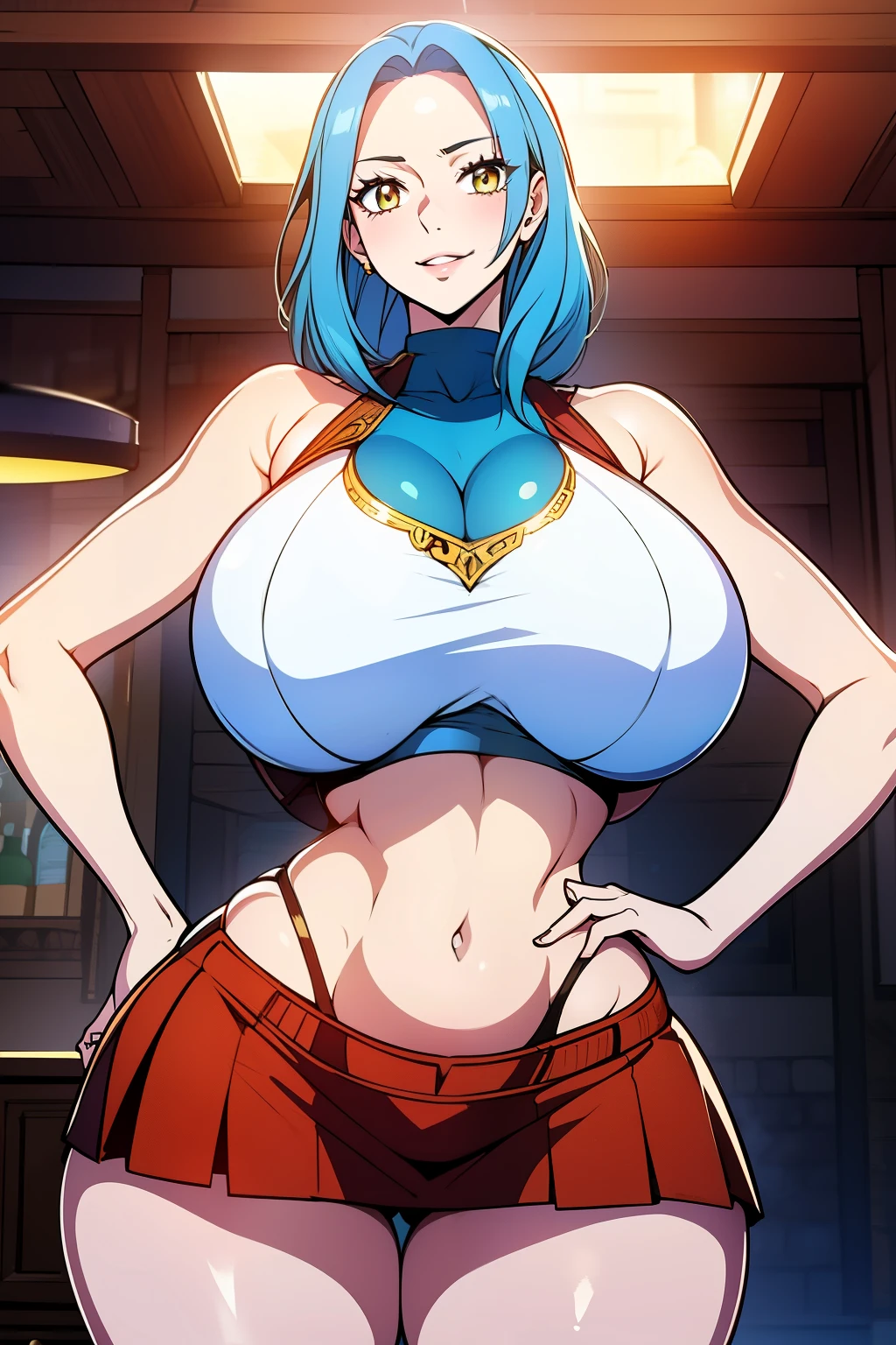 An anime-style artwork depicting nefertari vivi from the anime one piece
Tags: NefertariViviV3, anime, detailed eyes, detailed lips, ass, (light blue hair), yellow eyes, bare shoulders, (crop top : 1.1), miniskirt, turtleneck,curvy, thighs, higheels, shiny clothes, skin tight, short hair, solo, huge breasts, smiling expression, intense gaze, dynamic pose, indoor, palace, vibrant colors, digital art, high-resolution, professional quality, gigantic breasts, (underboob : 1.4), curvy, cowboy shot, (gigantic breasts: 1.4)