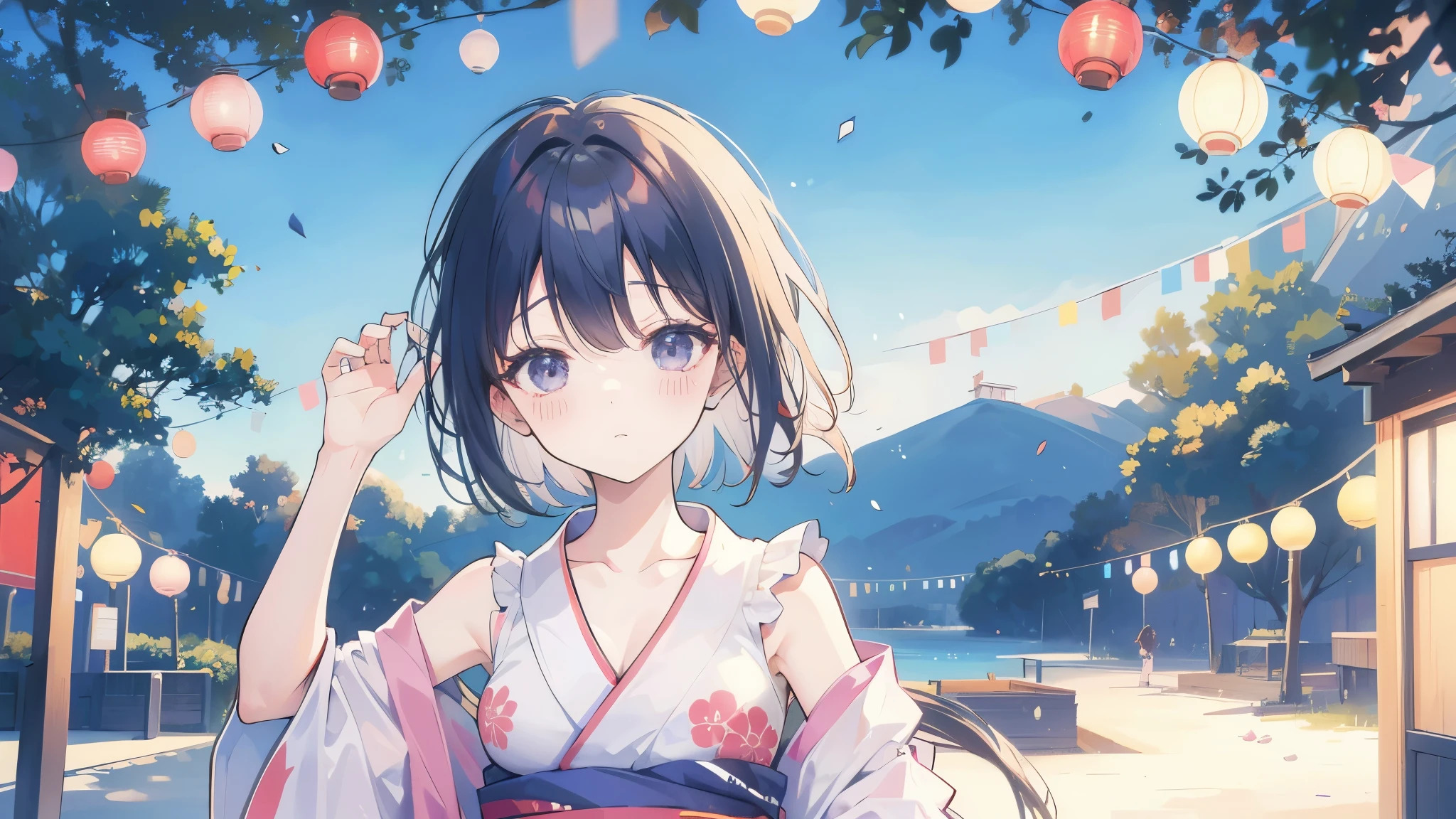 Look up at the sky, yukata, festival、The wind is blowing、Hair fluttering,　cute、Bob、summer、Fantastic and attractive background