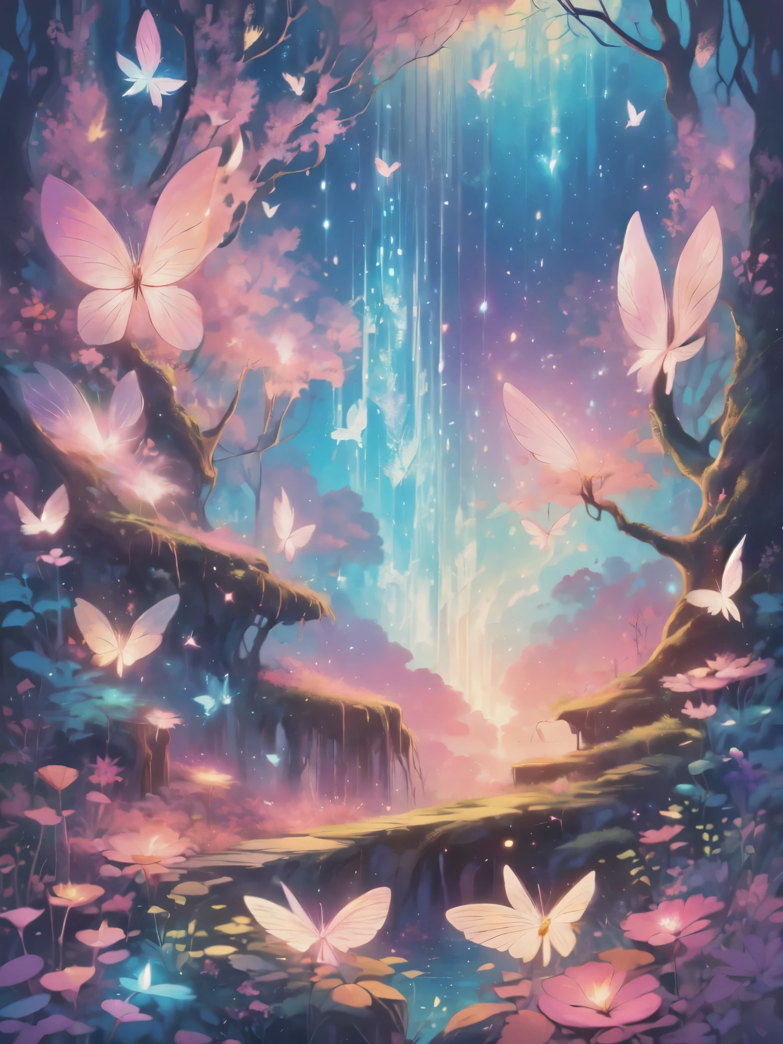 (((masterpiece))), (((best quality))), ((ultra-detailed)),(highly detailed CG illustration), ((an extremely delicate and beautiful)),cinematic light, Create a stunning fantasy artwork that mimics the style of currently trending masters of the genre. The art piece should contain elements of both mythic fantasy and fairytale fantasy with colorful accents. ((Utilize various shades of pink and watercolor pastels as the main color scheme.)) The character in the artwork is a delicate but strong figure with an aura of mystery and magic. Pay close attention to intricate facial features, such as mesmerizing eyes with vibrant colors and bold shading. The character's clothing should be designed with gossamer feathers, silk, stunning embroidery, and subtle iridescent details. Incorporate dreamy colors, dynamic lighting, and detailed background elements to create a sense of awe and immersion. Include colorful flying magical birds and jewel-toned butterflies radiating a magical aura. Consider the latest trends in fantasy art, such as incorporating unique lighting effects, exploring dynamic and compelling composition techniques, and experimenting with unique color palettes. Take inspiration from the top artists on ArtStation and Midjourney. Camera: Choose an angle that highlights the character's beauty and enhances the magical majesty of the artwork. Lighting: Utilize atmospheric lighting techniques to create depth and mood. Resolution: Aim for a high-resolution artwork to showcase intricate details and clarity. Art Inspirations: Seek inspiration from the trending artists on ArtStation, exploring different styles, genres, and themes.