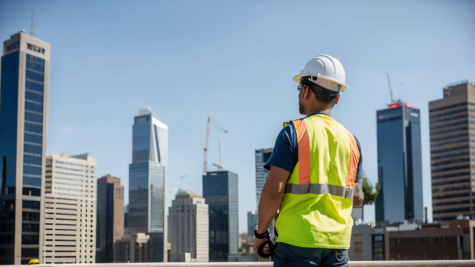construction worker in a hard hat looks with satisfaction at an almost completed skyscraper, professional stock photo