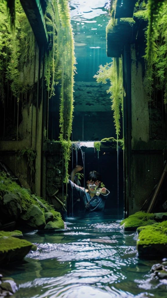 In the water,subway,moss,Showa,Collapse,Devastation,Inside the ruins,Glasses,Women,adventure,Black and White,