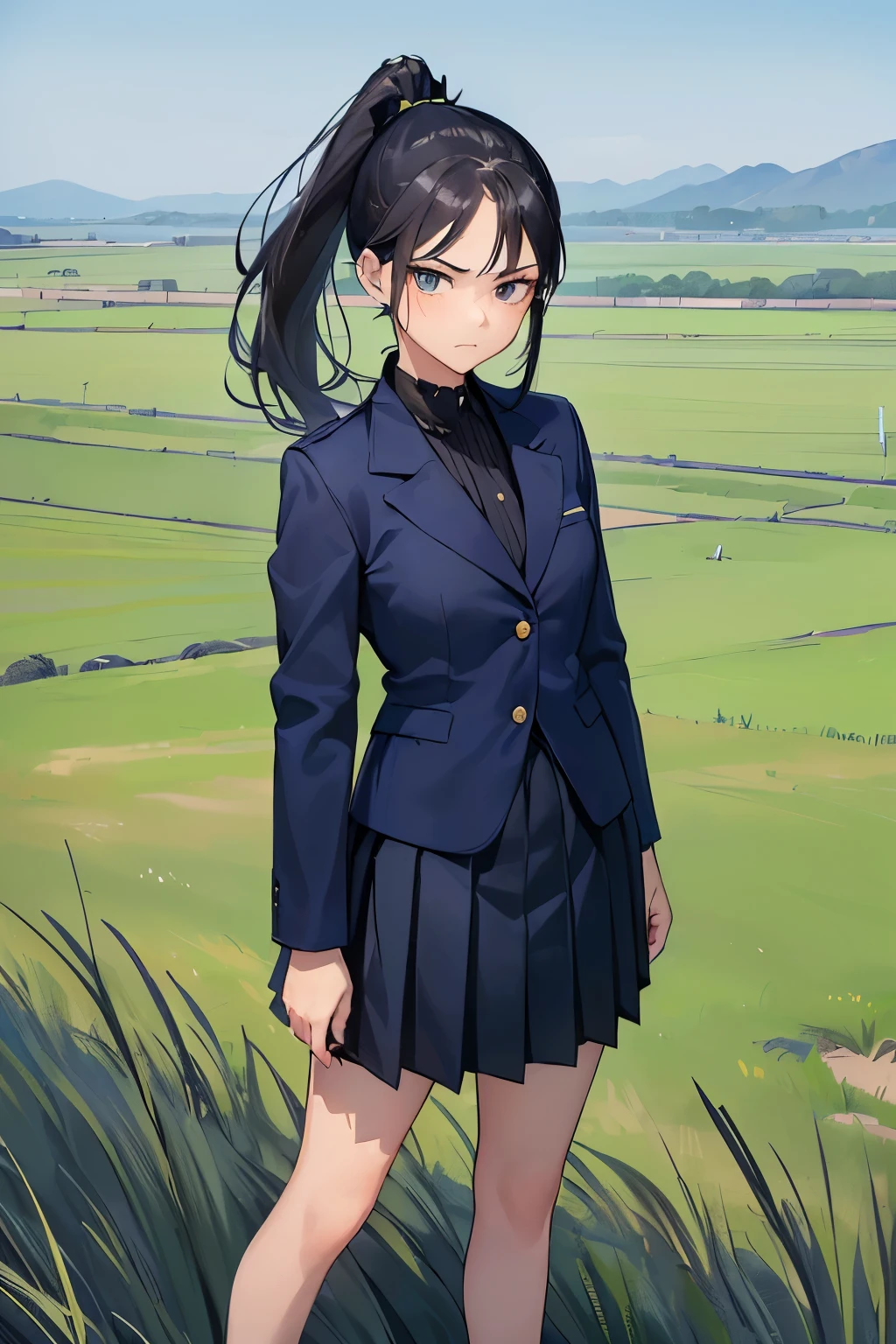 ((best quality)), ((masterpiece)), ((detailed)), (((perfect face))), (((18yo girl in navy blue suit, pleated skirt))), (((black hair))), (((high ponytail))), (((looking at viewer))), (((scowl))), (((grass field))), (((standing)))