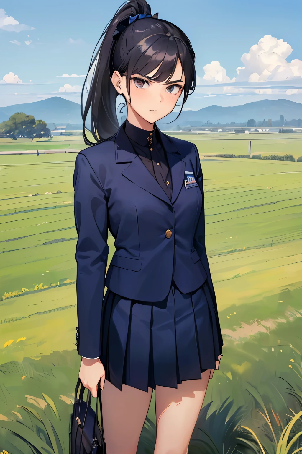 ((best quality)), ((masterpiece)), ((detailed)), (((perfect face))), (((18yo teen girl in navy blue suit, pleated skirt))), (((black hair))), (((high ponytail))), (((looking at viewer))), (((scowl))), (((grass field))), (((standing)))
