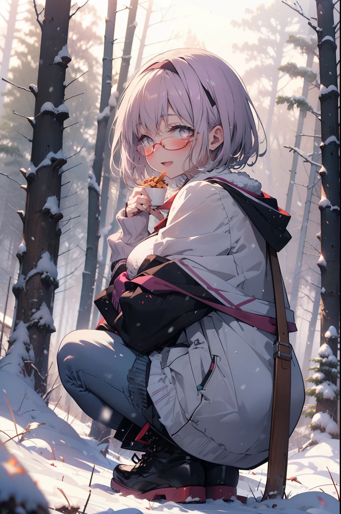 akaneshinjou, shinjou akane, Light purple hair, (Pink Eyes:1.2), short hair,Akagi glasses,hair band,smile,blush,White Breath,Big Breasts,
Open your mouth,snow,Ground bonfire, Outdoor, boots, snowing, From the side, wood, suitcase, Cape, Blurred, having meal, forest, White handbag, nature,  Squat, Mouth closed, Cape, winter, Written boundary depth, Black shoes, red Cape break looking at viewer, Upper Body, whole body, break Outdoor, forest, nature, break (masterpiece:1.2), highest quality, High resolution, unity 8k wallpaper, (shape:0.8), (Beautiful and beautiful eyes:1.6), Highly detailed face, Perfect lighting, Highly detailed CG, (Perfect hands, Perfect Anatomy),