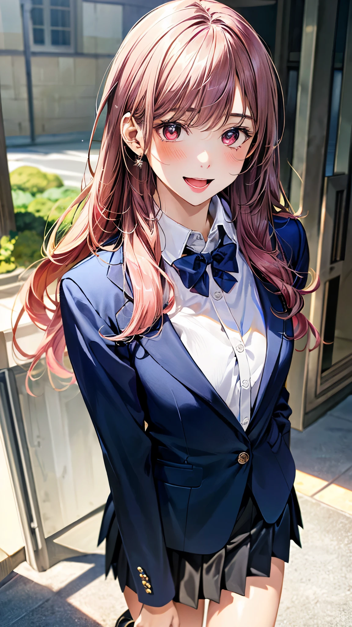 (masterpiece:1.3, top-quality, ultra high res, ultra detailed), (realistic, photorealistic:1.4), beautiful illustration, perfect lighting, natural lighting, colorful, depth of fields, surrealism, 
beautiful detailed hair, beautiful detailed face, beautiful detailed eyes, beautiful clavicle, beautiful body, beautiful chest, beautiful thigh, beautiful legs, beautiful fingers, shiny skin, 
looking at viewer, 1 girl, japanese, high school girl, (perfect anatomy, anatomically correct, super detailed skin), cute and symmetrical face, babyface, perfect face, perfect eyes, perfect fingers,
(long hair:1.6, straight hair:1.2, long sidelocks, pink hair), braided bangs, maroon eyes, big eyes, long eyelashes, (medium breasts, seductive thighs), slender, outstanding style, 
(detailed cloth texture, break, (navy blue blazer, close blazer), break, collared white shirt, break, gray pleated skirt, break, dark red bow tie), break, navy blue school socks, black loafer, 
(beautiful scenery), (inside school entrance), graceful, (pretty smile, open mouth small), 