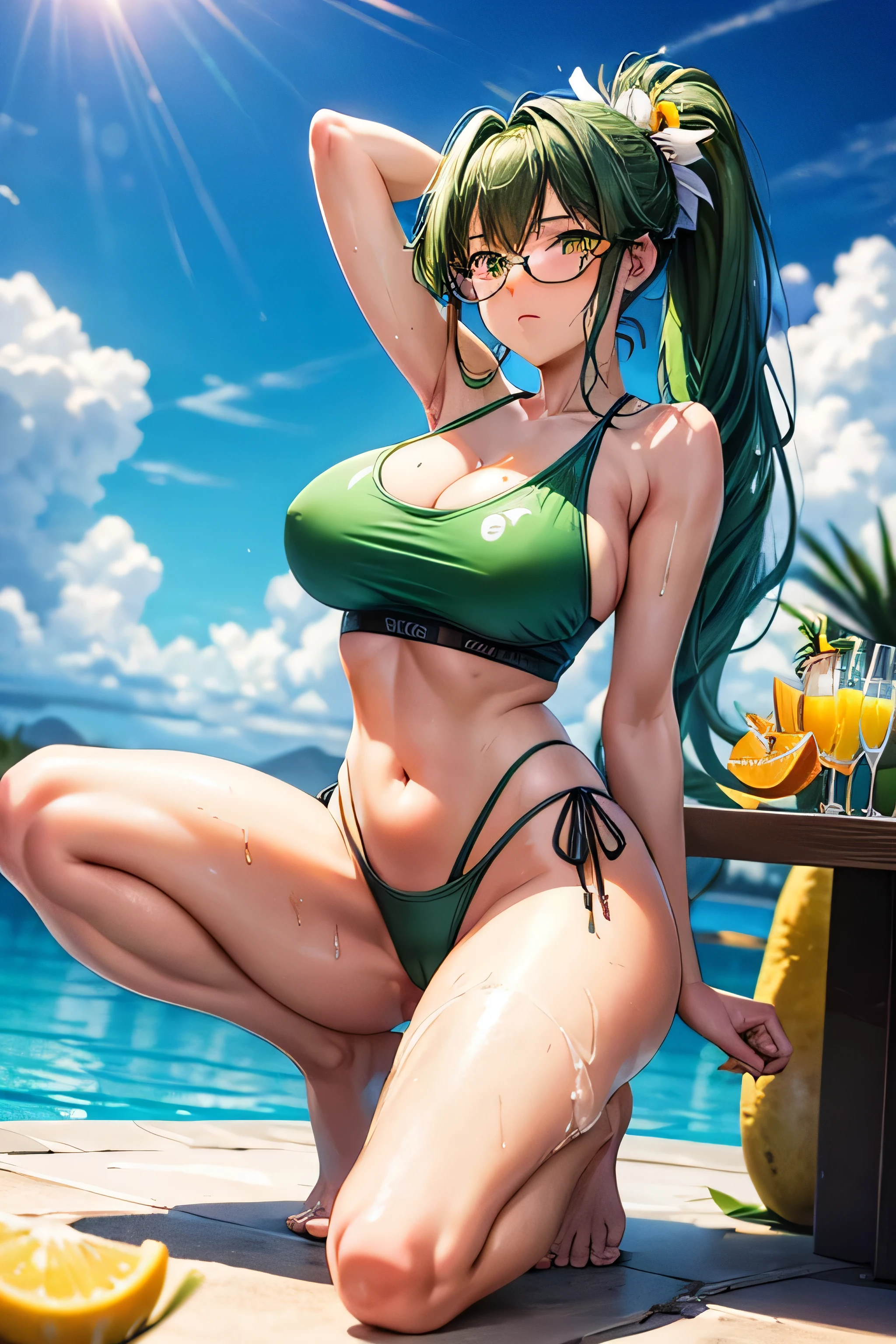 High resolution, high quality, One girl, Anime Girls, dark green hair,middle hair,ponytail,green eyes, Green glasses,heart shaped pupils,Glowing Skin, Large Breasts,beautiful breasts,pointy breasts,Big Ass,beautiful ass,Embarrassed,Tank Top,swimsuit,lower body,sweat,wet,squatting,(open legs),arms behind head,at Poolside,(Kiwi juice),(lemon juice),(orange juice),(Pineapple juice),(Mango juice),(water),