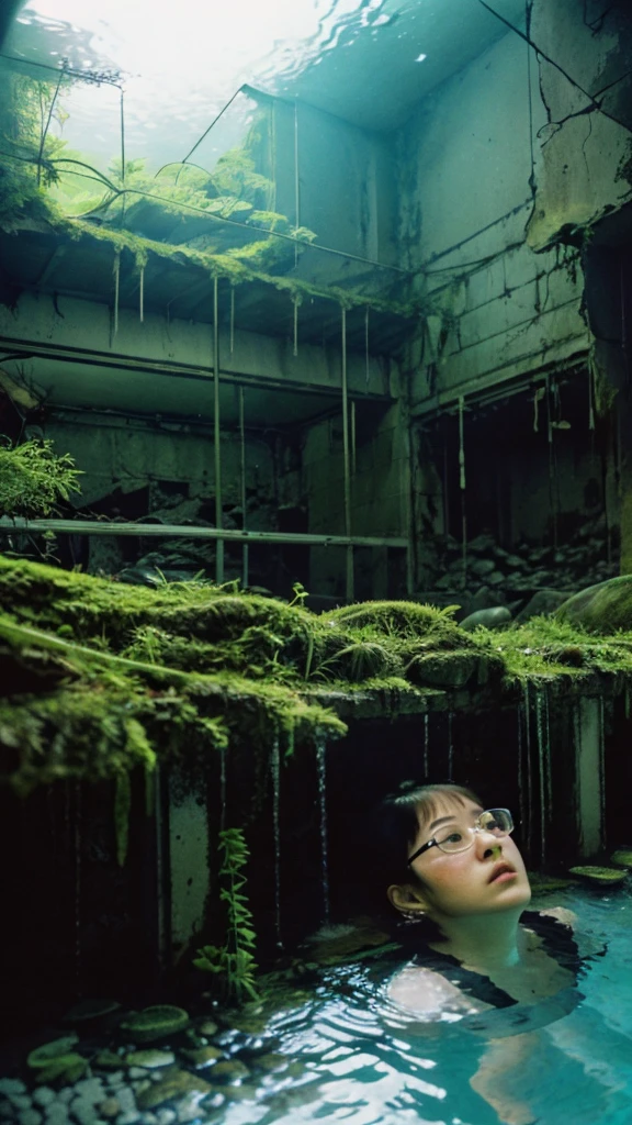 In the water,subway,moss,Showa,Collapse,Devastation,Inside the ruins,Glasses,Women,adventure,Black and White,