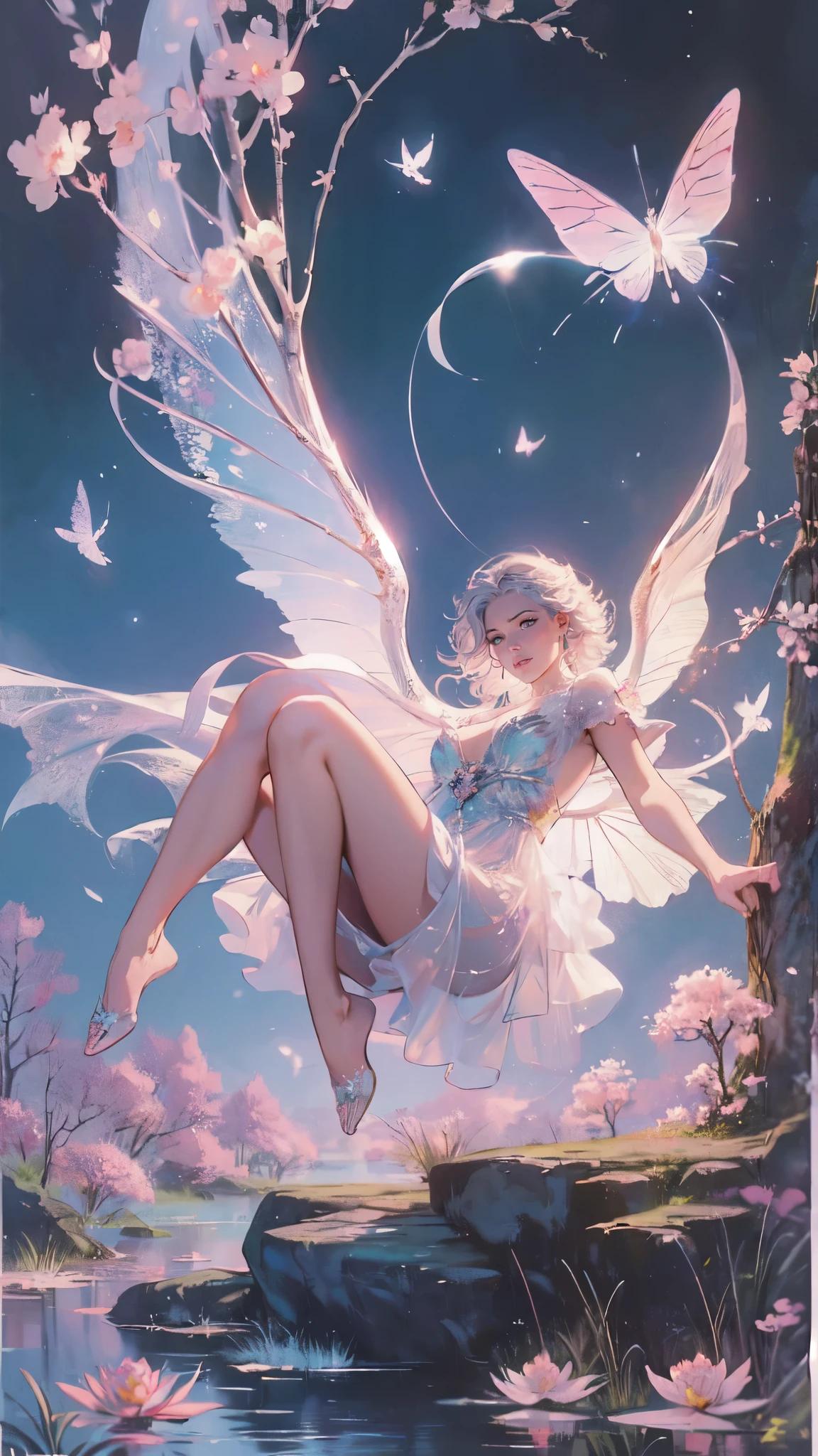 ((best quality)), ((masterpiece)), (detailed), ethereal beauty, perched on a pink blossom tree, (fantasy illustration:1.3), enchanting gaze, captivating pose, solo girl, delicate butterfly wings, otherworldly charm, mystical sky, (Luis Royo:1.2), (Yoshitaka Amano:1.1), moonlit night, soft colors, (detailed cloudscape:1.3), (high-resolution:1.2) (dragon flying in the sky) long white dress, legs dangling above pond, long victorian dress,