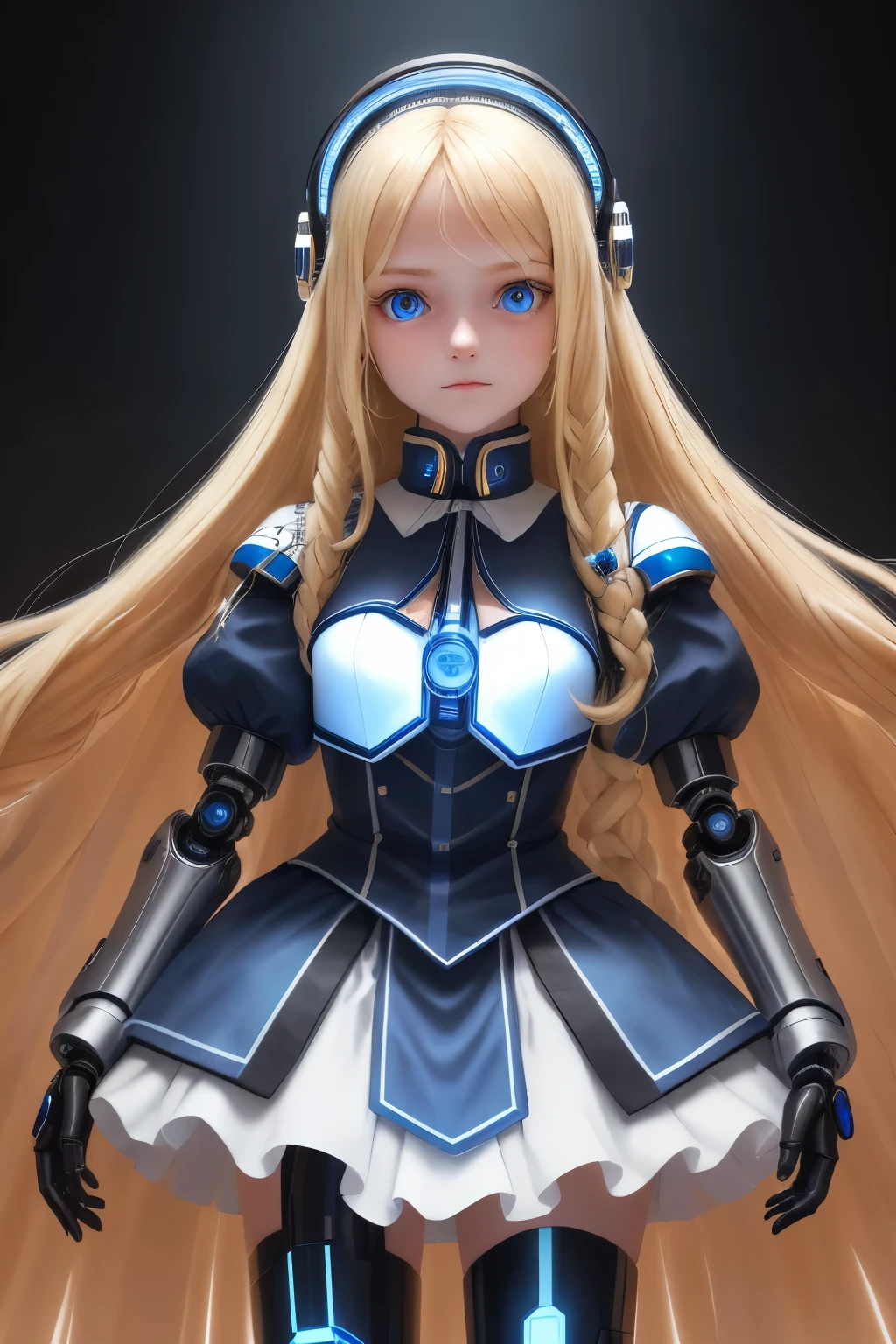 Ultra Detalhada, girl ,12 year old , very long blonde hair frinje , blue eyes cybernetic, blue light core, traditional maid vitoriana uniform , black maid dress , seios planos , , Cyborg's arms and legs , mechanical limbs , android girl, blue leds .