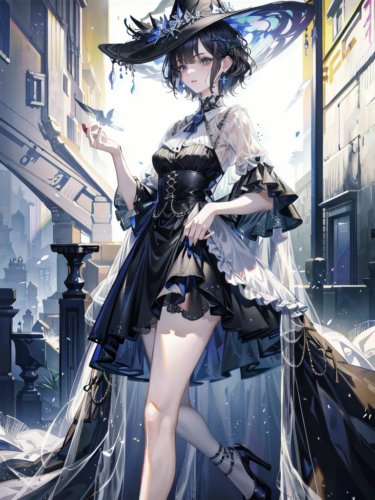 absurdres, RAW photo, extremely delicate and beautiful, masterpiece, Best Quality, ultra high resolution, 32k, hyperrealistic, ultra-detailed, tearful mole, earring, short medium hair, wavy hair, thighs, witch dress, high heels,