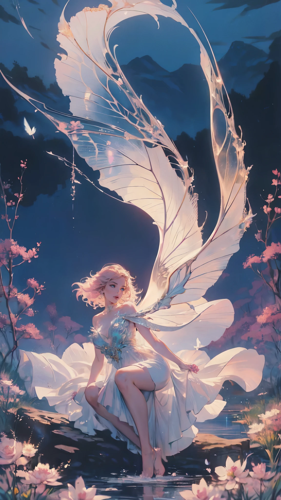 ((best quality)), ((masterpiece)), (detailed), ethereal beauty, perched on a pink blossom tree, (fantasy illustration:1.3), enchanting gaze, captivating pose, solo girl, delicate butterfly wings, otherworldly charm, mystical sky, (Luis Royo:1.2), (Yoshitaka Amano:1.1), moonlit night, soft colors, (detailed cloudscape:1.3), (high-resolution:1.2) (dragon flying in the sky) long white dress, legs dangling above pond, long victorian dress,